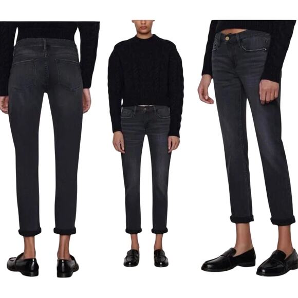 Frame Le Garçon Crop Jeans US 27 Black Denim Mid Rise Straight Leg Grunge Indie - Picture 1 of 15